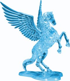 Kolmiulotteinen lentävä hevonen palapeli jalustalla. Hevonen ja jalusta ovat väriltään siniset.